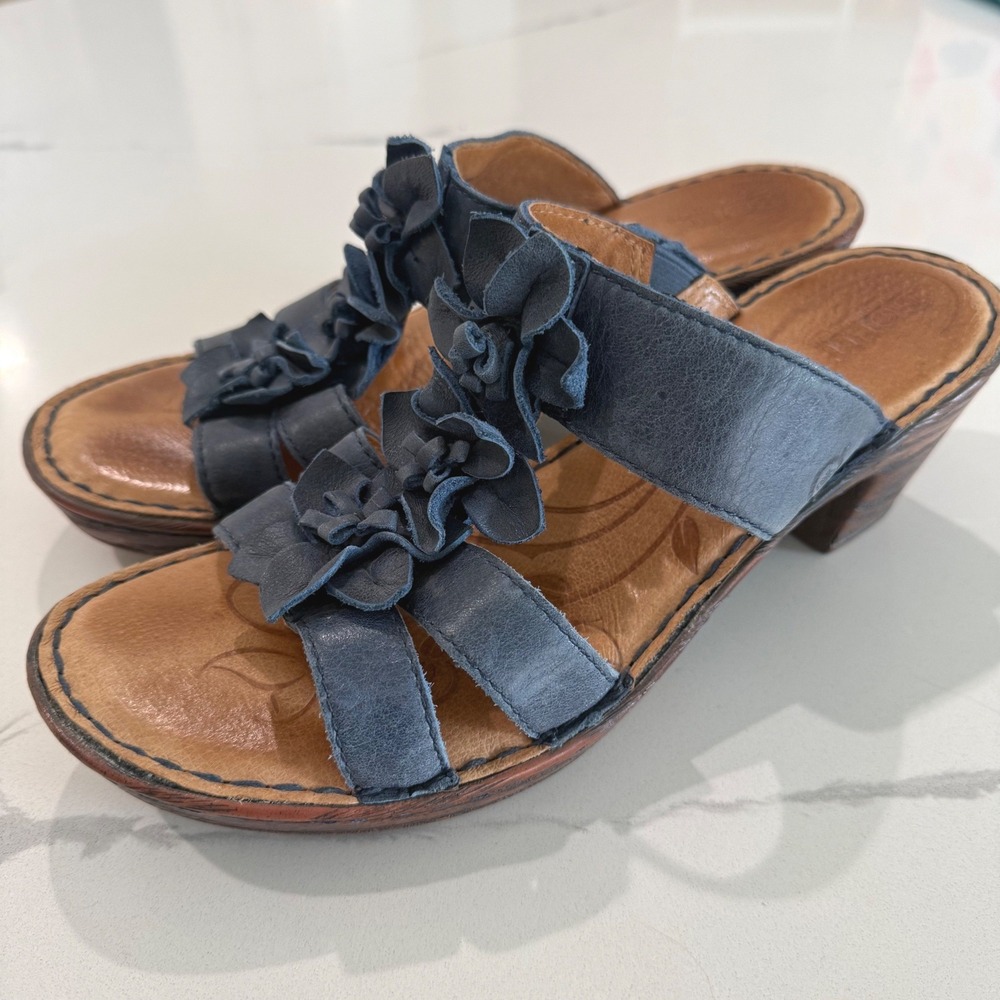 Born Blue Leather Floral 3D Applique Slide Sandals Block Heel Womens 10 Shoes